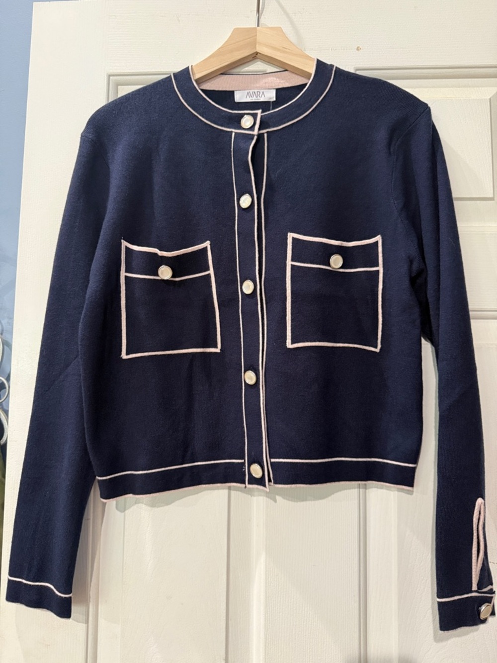 NINA Navy Contrast-Trim Button Cardigan Sweater